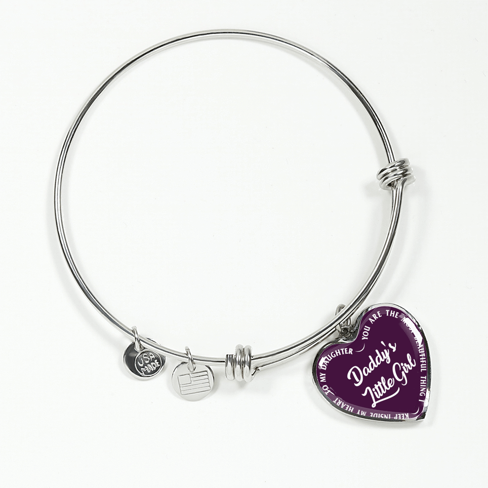 Daddy's Little Girl Gold or Silver Finished Heart Shaped Bangle Bracelet (White on Purple) - podprintz.com