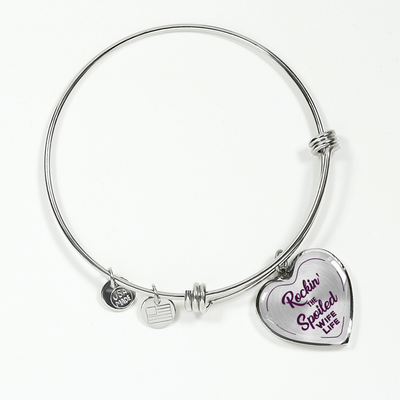 ROCKIN' THE SPOILED, WIFE LIFE - SILVER AND GOLD FINISHED HEART SHAPED BANGLE BRACELET (PURPLE TEXT ON TRANSPARENT) - podprintz.com
