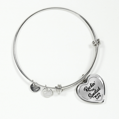 ROCKIN' THE SPOILED, WIFE LIFE - SILVER AND GOLD FINISHED HEART SHAPED BANGLE BRACELET (BLACK TEXT ON TRANSPARENT) - podprintz.com
