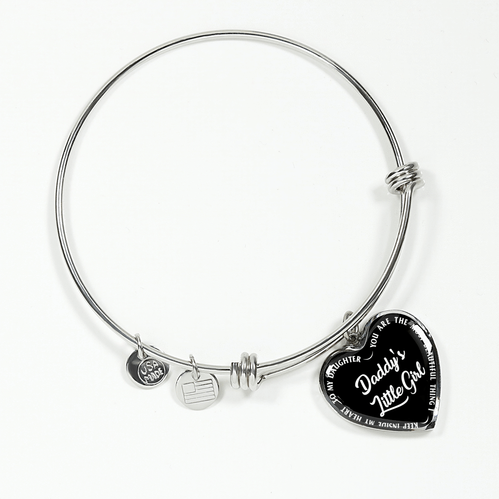 Daddy's Little Girl Gold or Silver Finished Heart Shaped Bangle Bracelet (White on Black) - podprintz.com