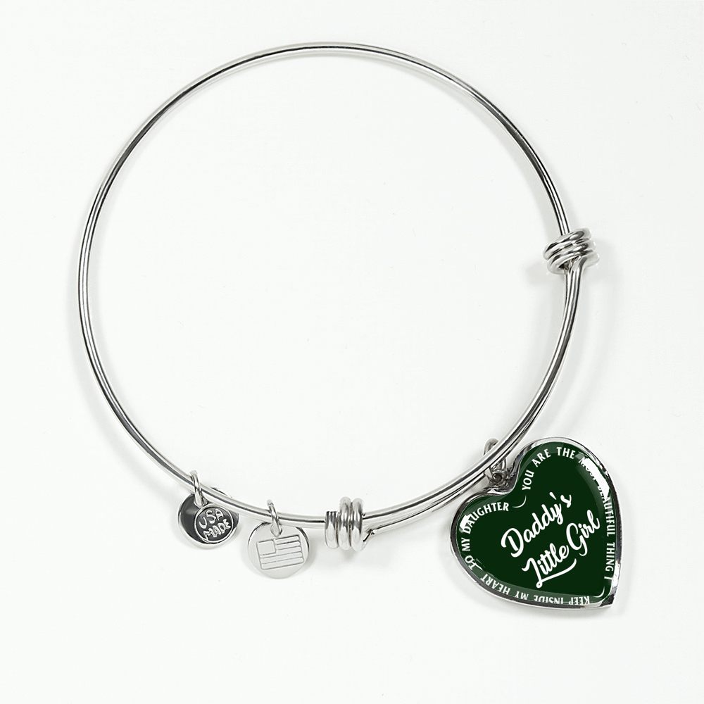 Daddy's Little Girl Gold or Silver Finished Heart Shaped Bangle Bracelet (White on Green) - podprintz.com
