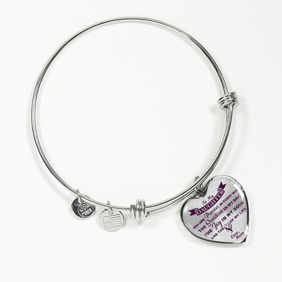 MY DAUGHTER YOU ARE PRECIOUS, SUNSHINE, JOY LOVE MOM - SILVER AND GOLD FINISHED HEART SHAPED BANGLE BRACELET (PURPLE ON TRANSPARENT) - podprintz.com