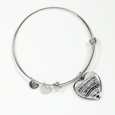 I DON'T HAVE A STEPDAUGHTER, SILVER OR GOLD FINISHED HEART SHAPED BANGLE BRACELET (BLACK ON TRANSPARENT) - podprintz.com