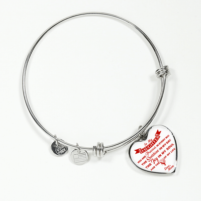 MY DAUGHTER YOU ARE PRECIOUS, SUNSHINE, JOY LOVE MOM - SILVER AND GOLD FINISHED HEART SHAPED BANGLE BRACELET (RED ON WHITE) - podprintz.com