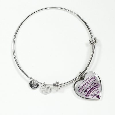 I DON'T HAVE A STEPDAUGHTER, SILVER OR GOLD FINISHED HEART SHAPED BANGLE BRACELET (PURPLE ON TRANSPARENT) - podprintz.com