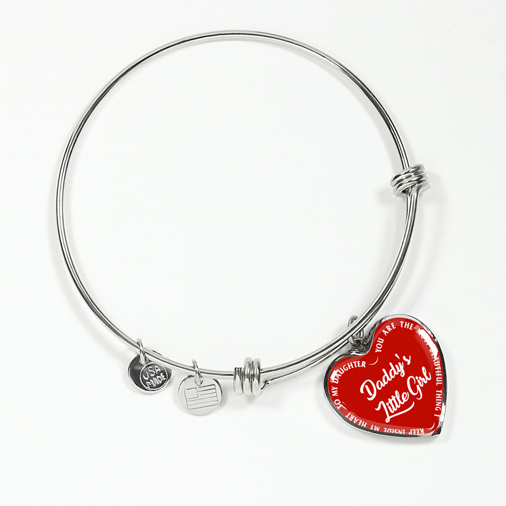 Daddy's Little Girl Gold or Silver Finished Heart Shaped Bangle Bracelet (White on Red) - podprintz.com