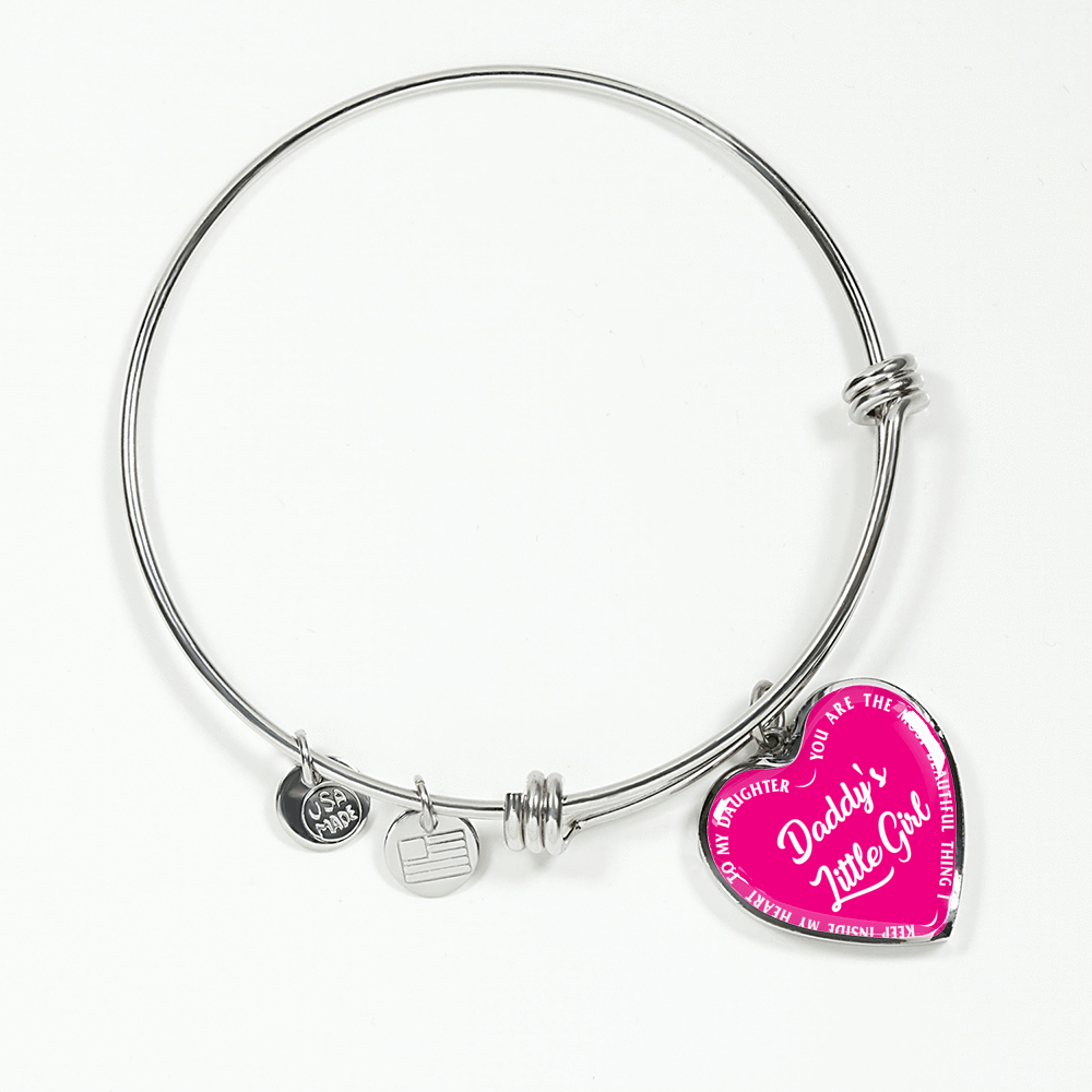 Daddy's Little Girl Gold or Silver Finished Heart Shaped Bangle Bracelet (White on Pink) - podprintz.com