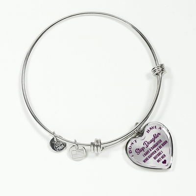 I DON'T HAVE A STEPDAUGHTER, BORN BEFORE I MET HER, SILVER OR GOLD FINISHED HEART SHAPED BANGLE BRACELET (PURPLE ON TRANSPARENT) - podprintz.com