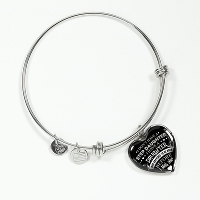 I DON'T HAVE A STEPDAUGHTER, SILVER OR GOLD FINISHED HEART SHAPED BANGLE BRACELET (WHITE ON BLACK) - podprintz.com