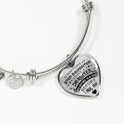 I DON'T HAVE A STEPDAUGHTER, SILVER OR GOLD FINISHED HEART SHAPED BANGLE BRACELET (BLACK ON TRANSPARENT) - podprintz.com