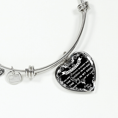 My Daughter, You are Precious (White on Black) - Silver Finished Heart Bangle Bracelet - podprintz.com