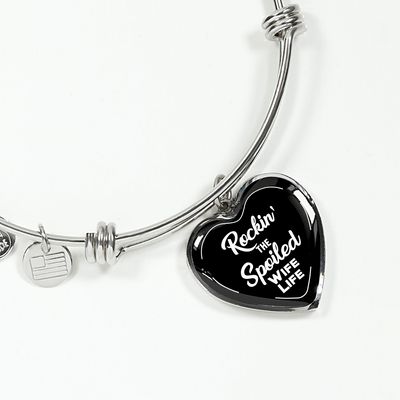 ROCKIN' THE SPOILED, WIFE LIFE - SILVER AND GOLD FINISHED HEART SHAPED BANGLE BRACELET AND NECKLACE (WHITE TEXT ON BLACK) EO - podprintz.com
