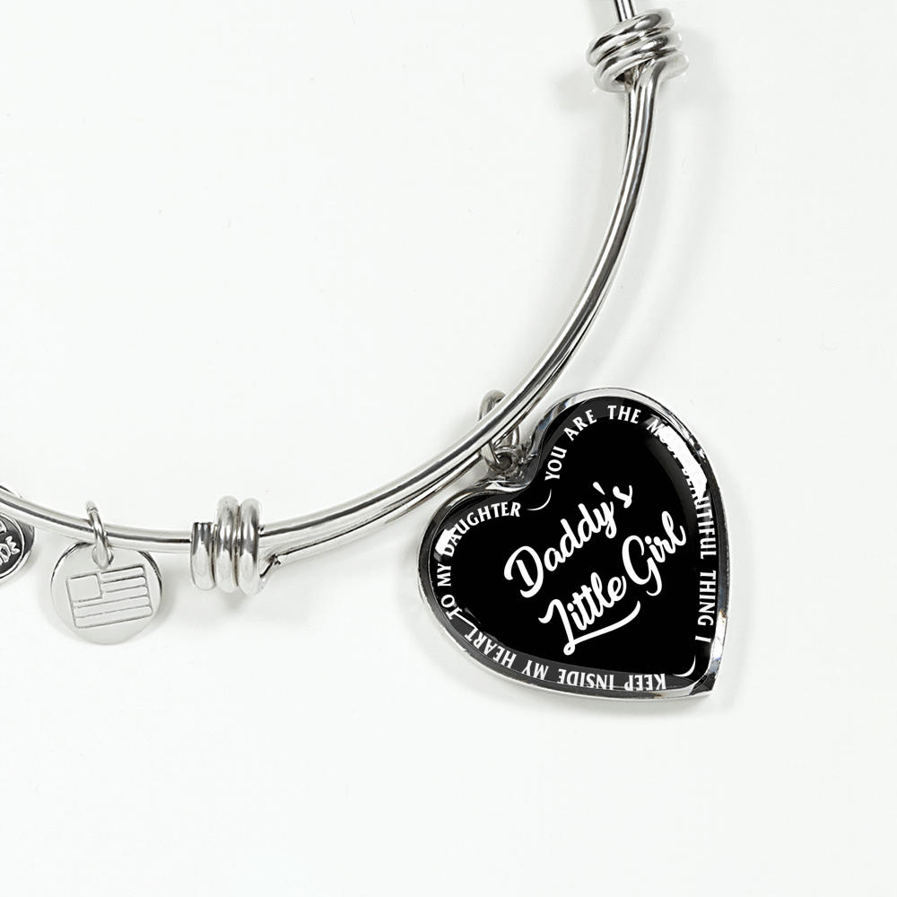 Daddy's Little Girl Gold or Silver Finished Heart Shaped Bangle Bracelet (White on Black) - podprintz.com