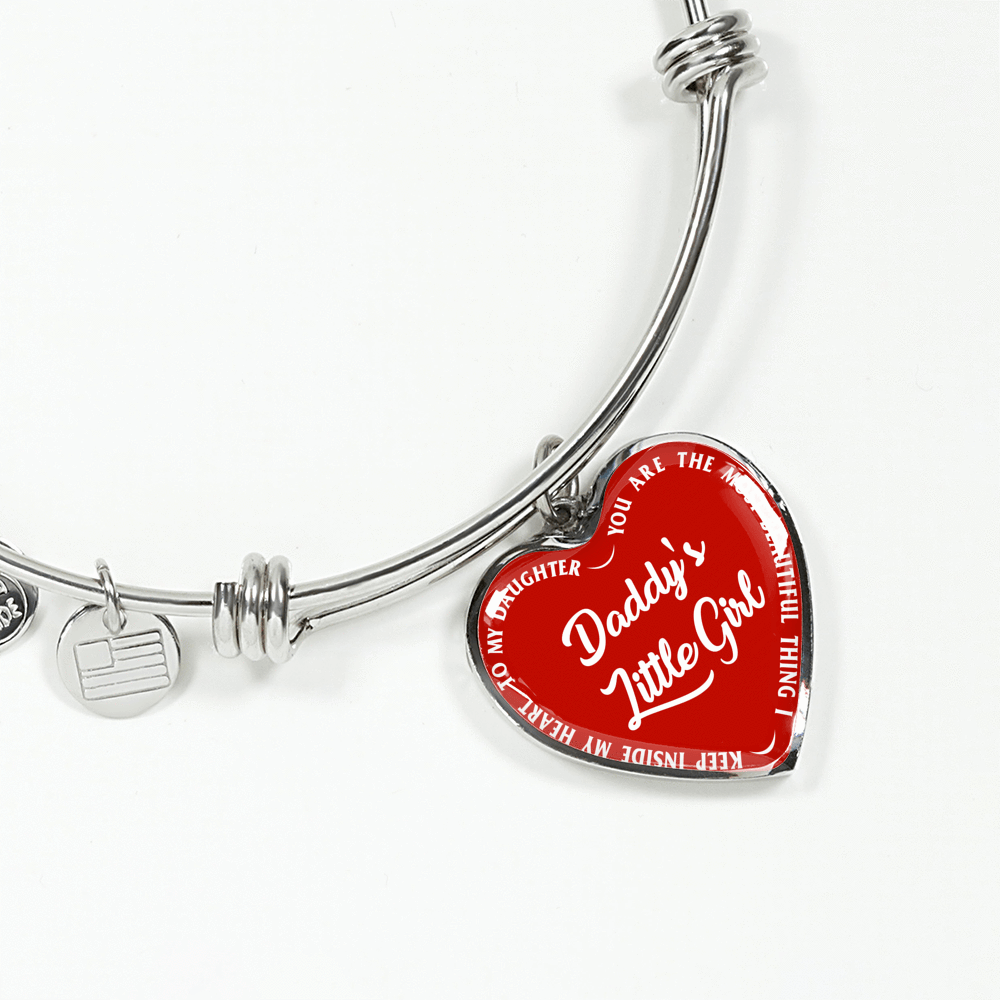 Daddy's Little Girl Gold or Silver Finished Heart Shaped Bangle Bracelet (White on Red) - podprintz.com