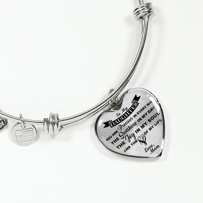 MY DAUGHTER YOU ARE PRECIOUS, SUNSHINE, JOY LOVE MOM - SILVER AND GOLD FINISHED HEART SHAPED BANGLE BRACELET (BLACK ON TRANSPARENT) - podprintz.com