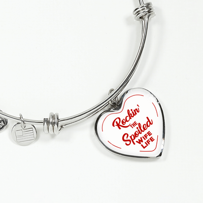 ROCKIN' THE SPOILED, WIFE LIFE - SILVER AND GOLD FINISHED HEART SHAPED BANGLE BRACELET AND NECKLACE (RED TEXT ON WHITE) EO - podprintz.com