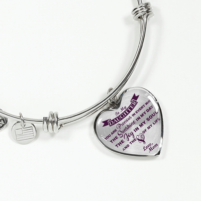 MY DAUGHTER YOU ARE PRECIOUS, SUNSHINE, JOY LOVE MOM - SILVER AND GOLD FINISHED HEART SHAPED BANGLE BRACELET (PURPLE ON TRANSPARENT) - podprintz.com
