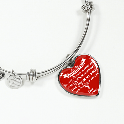 MY DAUGHTER YOU ARE PRECIOUS, SUNSHINE, JOY LOVE MOM - SILVER AND GOLD FINISHED HEART SHAPED BANGLE BRACELET (WHITE ON RED) - podprintz.com