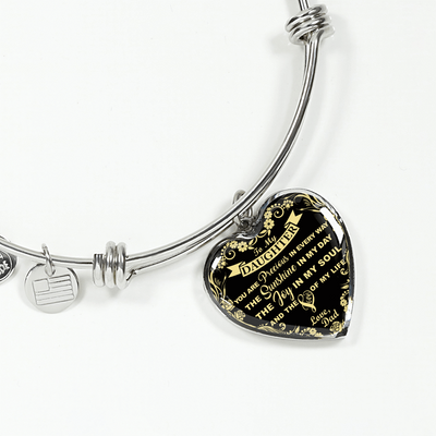My Daughter, You are Precious (Yellow on Black) - Silver Finished Heart Bangle Bracelet - podprintz.com