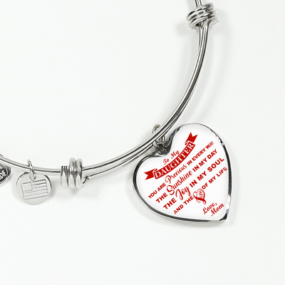 MY DAUGHTER YOU ARE PRECIOUS, SUNSHINE, JOY LOVE MOM - SILVER AND GOLD FINISHED HEART SHAPED BANGLE BRACELET (RED ON WHITE) - podprintz.com
