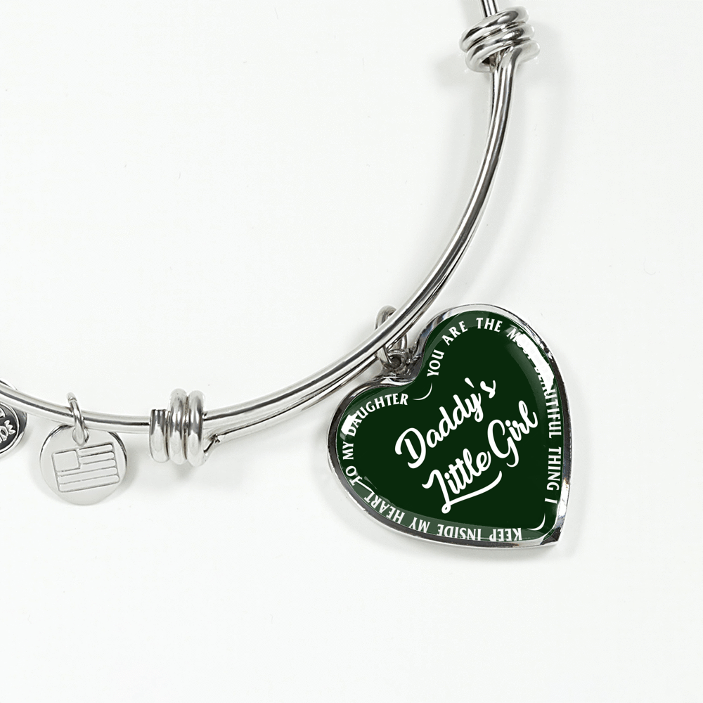 Daddy's Little Girl Gold or Silver Finished Heart Shaped Bangle Bracelet (White on Green) - podprintz.com