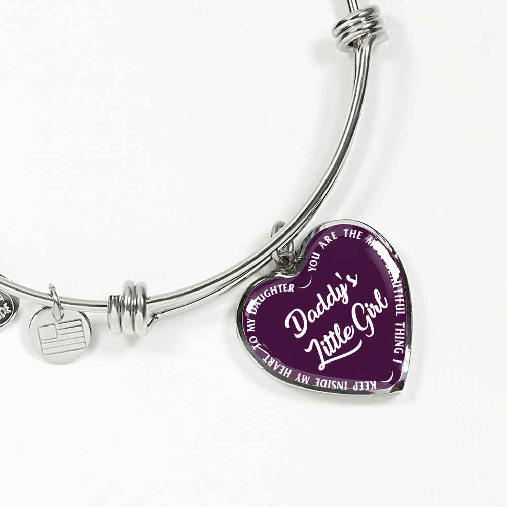 Daddy's Little Girl Gold or Silver Finished Heart Shaped Bangle Bracelet (White on Purple) - podprintz.com
