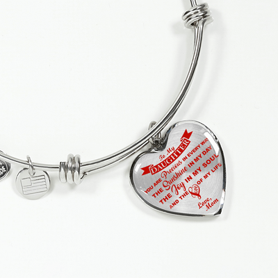 MY DAUGHTER YOU ARE PRECIOUS, SUNSHINE, JOY LOVE MOM - SILVER AND GOLD FINISHED HEART SHAPED BANGLE BRACELET (RED ON TRANSPARENT) - podprintz.com