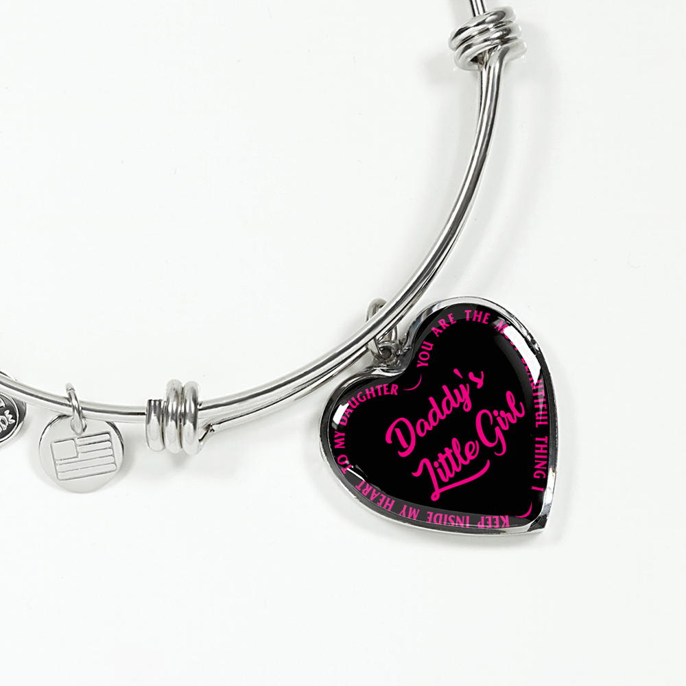 Daddy's Little Girl Gold or Silver Finished Heart Shaped Bangle Bracelet (Pink on Black) - podprintz.com