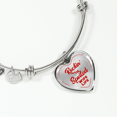 ROCKIN' THE SPOILED, WIFE LIFE - SILVER AND GOLD FINISHED HEART SHAPED BANGLE BRACELET AND NECKLACE (RED TEXT ON TRANSPARENT) EO - podprintz.com
