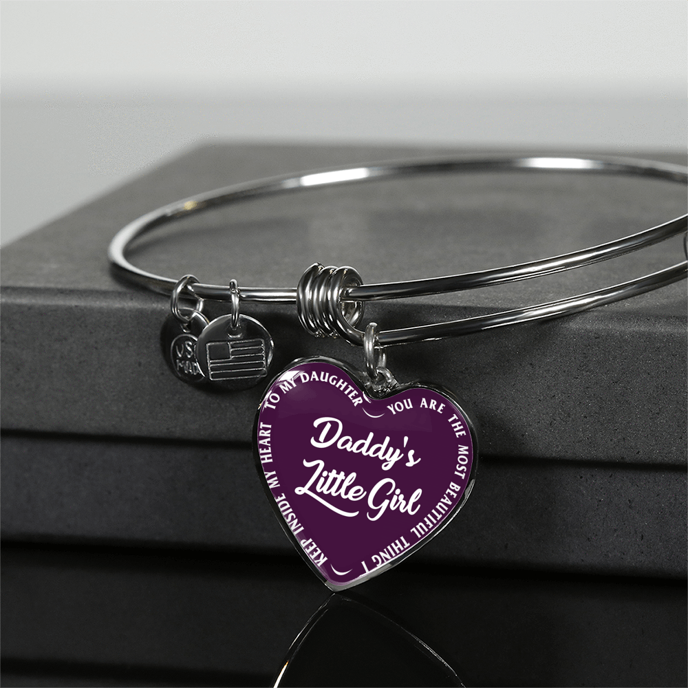 Daddy's Little Girl Gold or Silver Finished Heart Shaped Bangle Bracelet (White on Purple) - podprintz.com