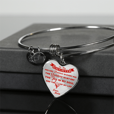 MY DAUGHTER YOU ARE PRECIOUS, SUNSHINE, JOY LOVE MOM - SILVER AND GOLD FINISHED HEART SHAPED BANGLE BRACELET (RED ON TRANSPARENT) - podprintz.com