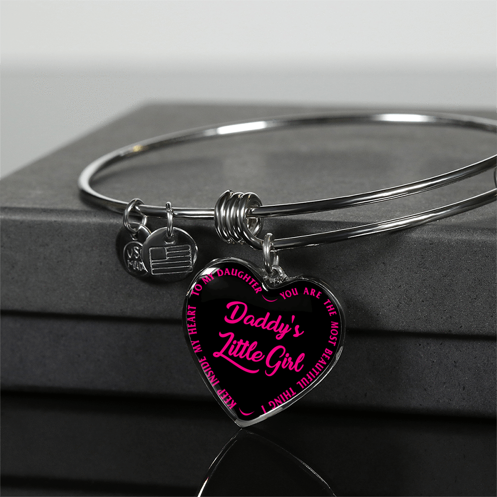 Daddy's Little Girl Gold or Silver Finished Heart Shaped Bangle Bracelet (Pink on Black) - podprintz.com