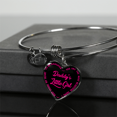 Daddy's Little Girl Gold or Silver Finished Heart Shaped Bangle Bracelet (Pink on Black) - podprintz.com