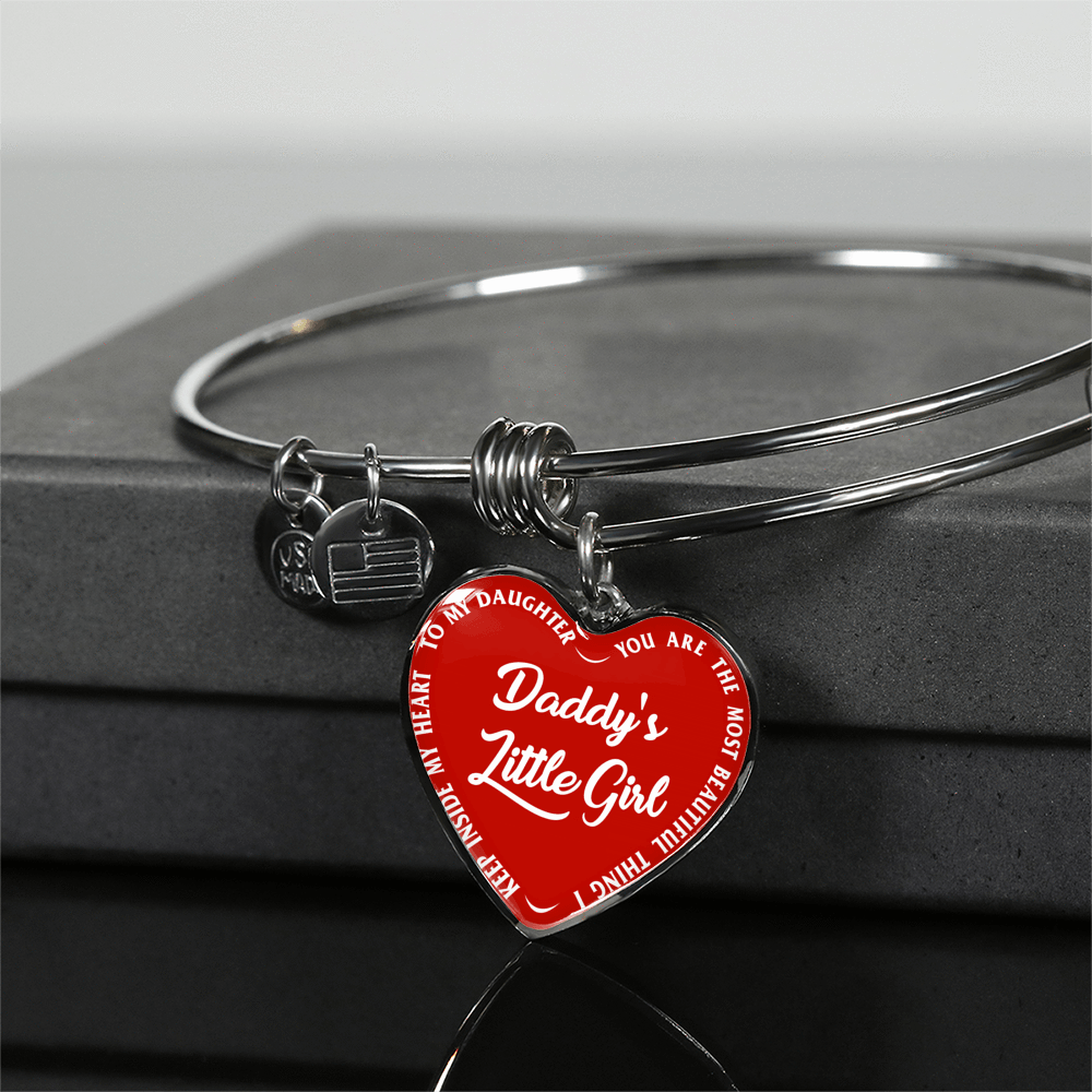 Daddy's Little Girl Gold or Silver Finished Heart Shaped Bangle Bracelet (White on Red) - podprintz.com