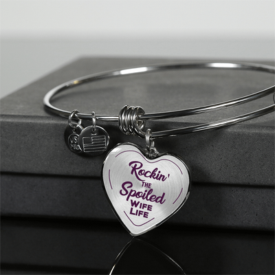 ROCKIN' THE SPOILED, WIFE LIFE - SILVER AND GOLD FINISHED HEART SHAPED BANGLE BRACELET AND NECKLACE (PURPLE TEXT ON TRANSPARENT) EO - podprintz.com