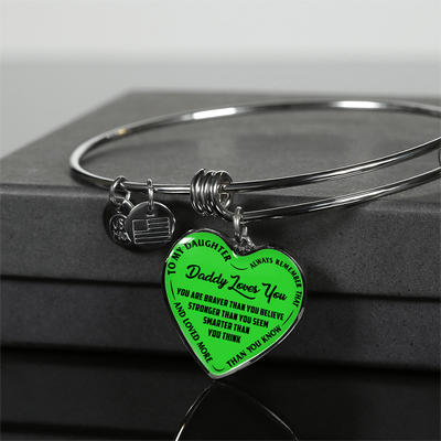 MY DAUGHTER, DADDY LOVES YOU - (LIME GREEN & BLACK TEXT) SILVER FINISHED HEART BANGLE BRACELET - podprintz.com