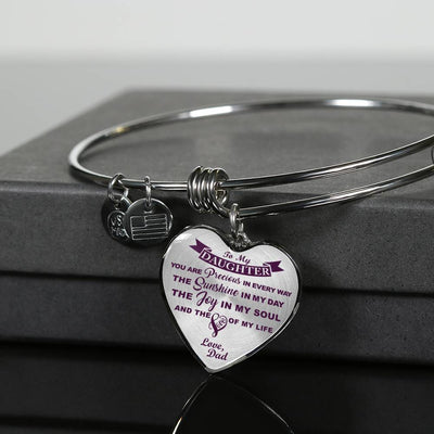 MY DAUGHTER YOU ARE PRECIOUS, SUNSHINE, JOY LOVE DAD - SILVER AND GOLD FINISHED HEART SHAPED NECKLACE AND BANGLE BRACELET (PURPLE ON TRANSPARENT) EO - podprintz.com