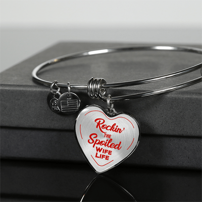 ROCKIN' THE SPOILED, WIFE LIFE - SILVER AND GOLD FINISHED HEART SHAPED BANGLE BRACELET AND NECKLACE (RED TEXT ON TRANSPARENT) EO - podprintz.com