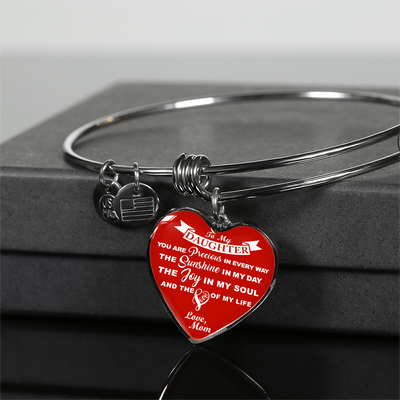 MY DAUGHTER YOU ARE PRECIOUS, SUNSHINE, JOY LOVE MOM - SILVER AND GOLD FINISHED HEART SHAPED BANGLE BRACELET (WHITE ON RED) - podprintz.com