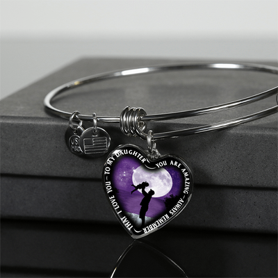 My Daughter, You are Amazing, Silver or Gold Finished Heart Shaped Bangle Bracelet (Purple Sky Moon Edition) - podprintz.com