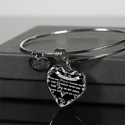 My Daughter, You are Precious (White on Black) - Silver Finished Heart Bangle Bracelet - podprintz.com