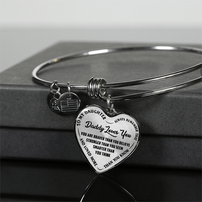 MY DAUGHTER, DADDY LOVES YOU - SILVER FINISHED HEART BANGLE BRACLET (BLACK ON TRANSPARENT) - podprintz.com