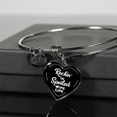 ROCKIN' THE SPOILED, WIFE LIFE - SILVER AND GOLD FINISHED HEART SHAPED BANGLE BRACELET AND NECKLACE (WHITE TEXT ON BLACK) EO - podprintz.com