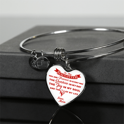 MY DAUGHTER YOU ARE PRECIOUS, SUNSHINE, JOY LOVE MOM - SILVER AND GOLD FINISHED HEART SHAPED BANGLE BRACELET (RED ON WHITE) - podprintz.com