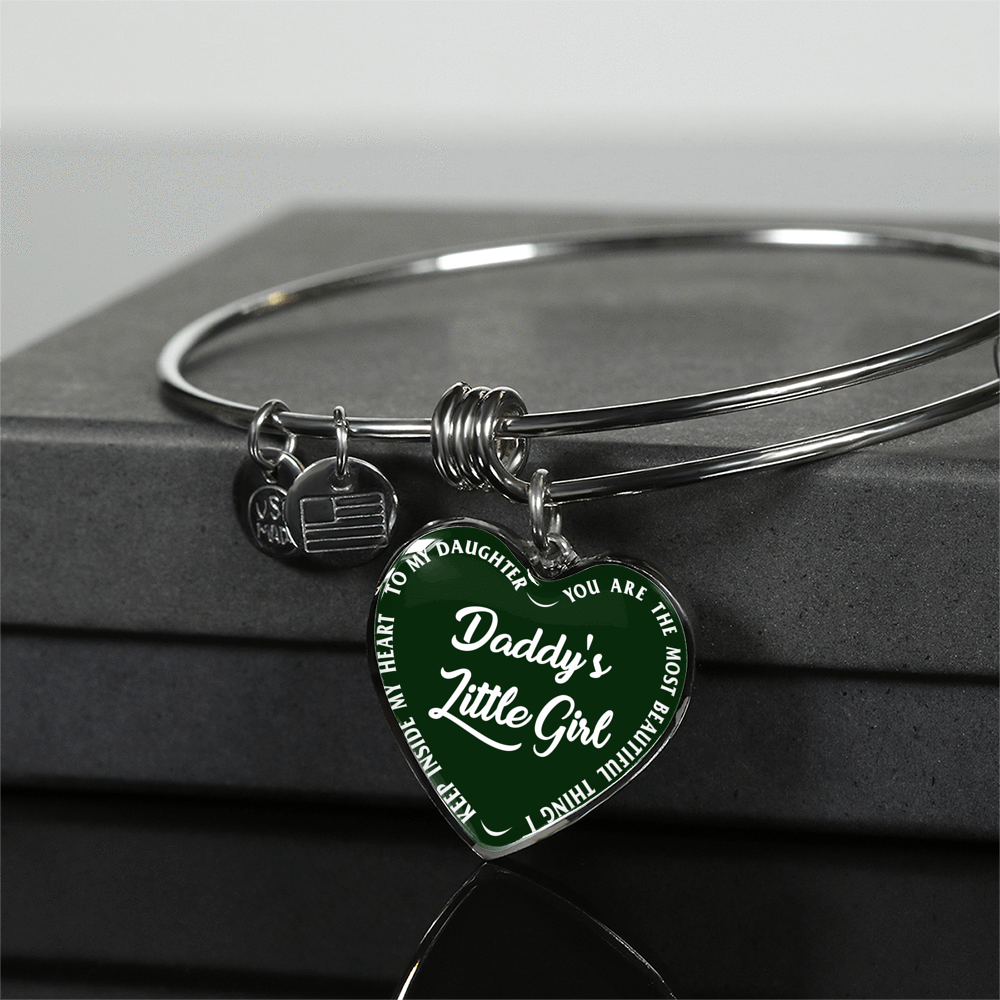 Daddy's Little Girl Gold or Silver Finished Heart Shaped Bangle Bracelet (White on Green) - podprintz.com