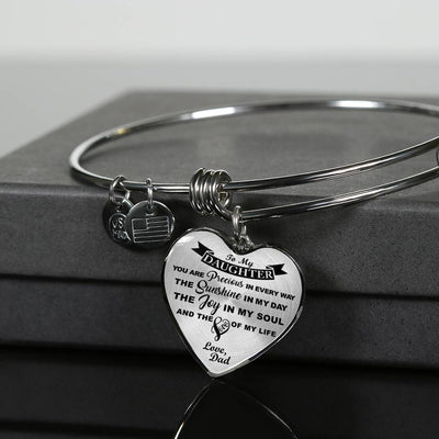 MY DAUGHTER YOU ARE PRECIOUS, SUNSHINE, JOY LOVE DAD - SILVER AND GOLD FINISHED HEART SHAPED NECKLACE AND BANGLE BRACELET (BLACK ON TRANSPARENT) EO - podprintz.com