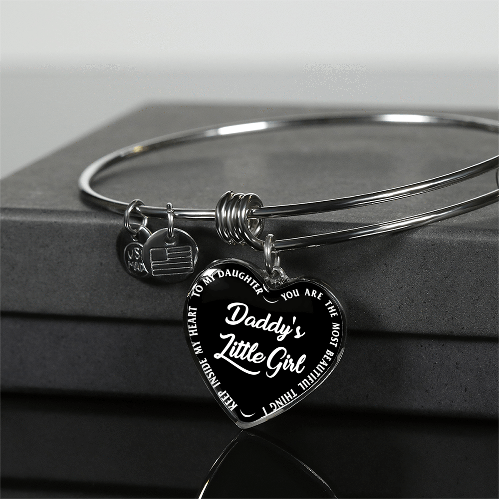 Daddy's Little Girl Gold or Silver Finished Heart Shaped Bangle Bracelet (White on Black) - podprintz.com