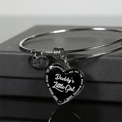Daddy's Little Girl Gold or Silver Finished Heart Shaped Bangle Bracelet (White on Black) - podprintz.com
