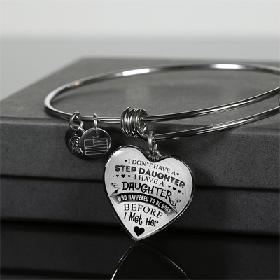 I DON'T HAVE A STEPDAUGHTER, SILVER OR GOLD FINISHED HEART SHAPED BANGLE BRACELET (BLACK ON TRANSPARENT) - podprintz.com