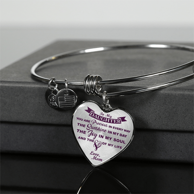 MY DAUGHTER YOU ARE PRECIOUS, SUNSHINE, JOY LOVE MOM - SILVER AND GOLD FINISHED HEART SHAPED BANGLE BRACELET (PURPLE ON TRANSPARENT) - podprintz.com